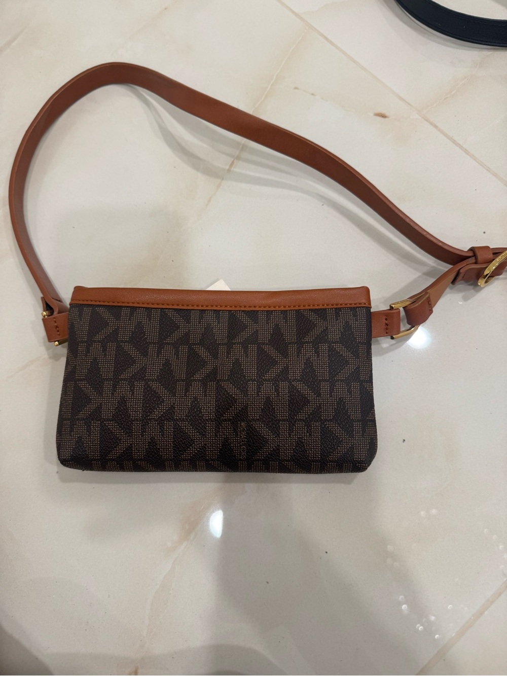 Michael Kors Monogram Pattern Brown Crossbody Belt Bag with Tan Trim